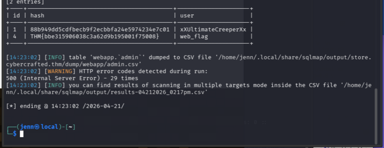 sqlmap dump showing credentials